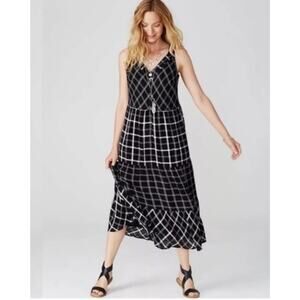 J. Jill Midi Dress Black White Mixed Print Plaid Print Size XLarge Petite